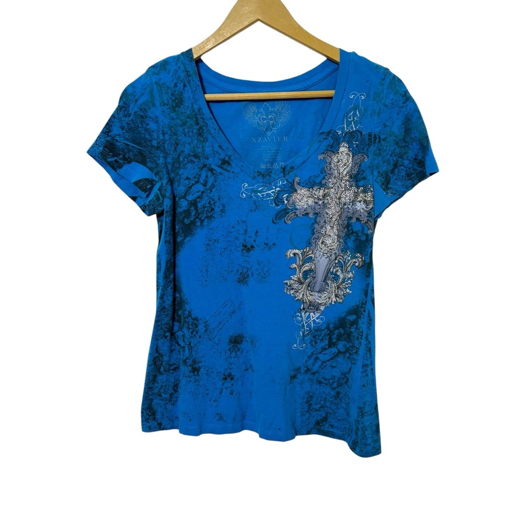 Axr Xavier Blue Black Rhinestone Cross Tee‎ Shirt Cybergoth Grunge Punk Skate